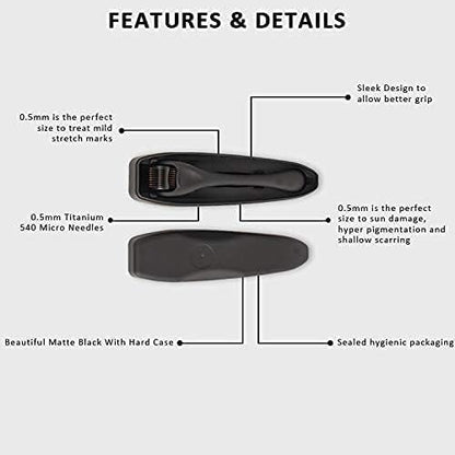 Derma Roller Face Skin Care System Titanium 540 Micro Needle Black With Hard Case 0.5mm